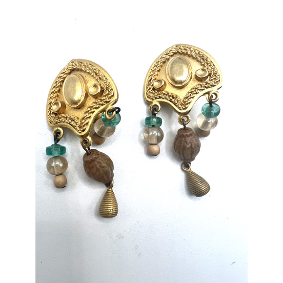 Vintage 80s Gold Plated Brutalist Style Glass & Wood Beaded Dangle Earrings FAB! - Picture 3 of 4